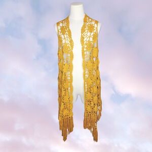 Vtg Y2k Daytrip Yellow Long Knit Boho Hippie Festival Shawl Fringe Vest S